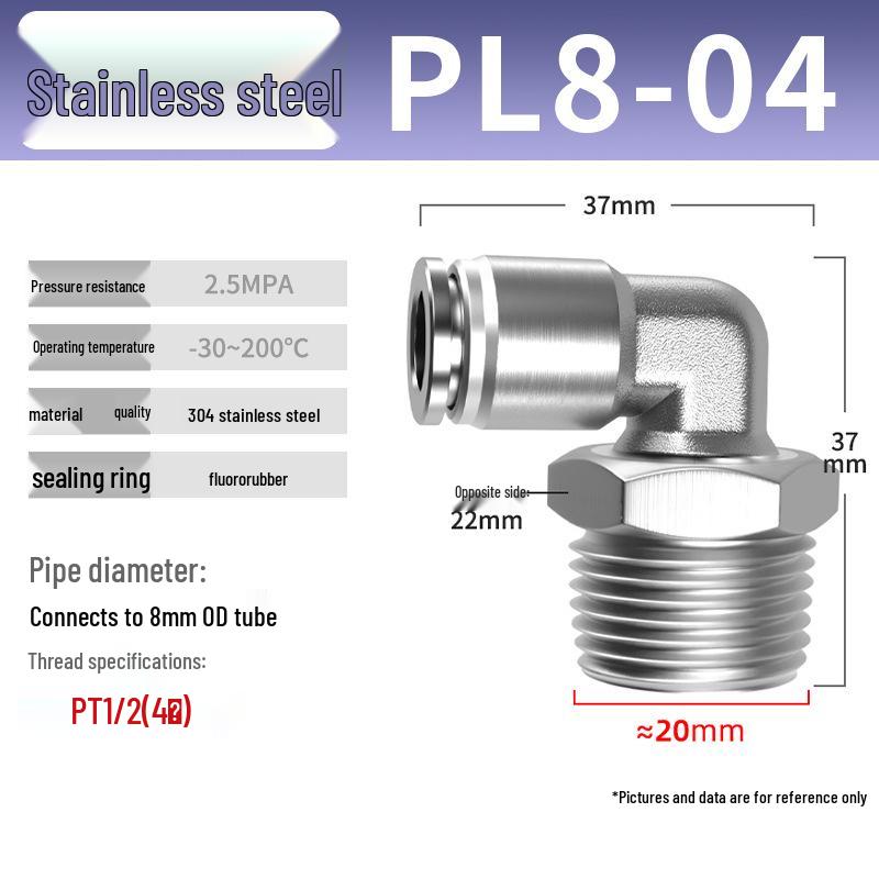 Zhuo Ji 304 Stainless Steel Pneumatic Quick Connect Fittings - PL8-02/4-M5/6-01/10-03 Thread
