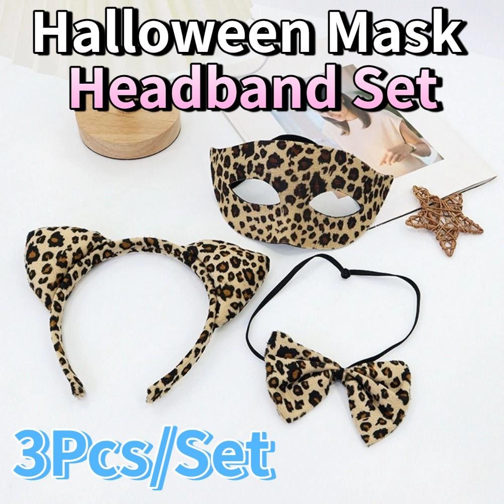 3 Stück/Set Leoparden-Katzenmädchen Kostüm Zubehör Sexy Mode Halbgesichtsmaske Halloween Dekoration Kreative Augenmaske Cosplay Requisiten