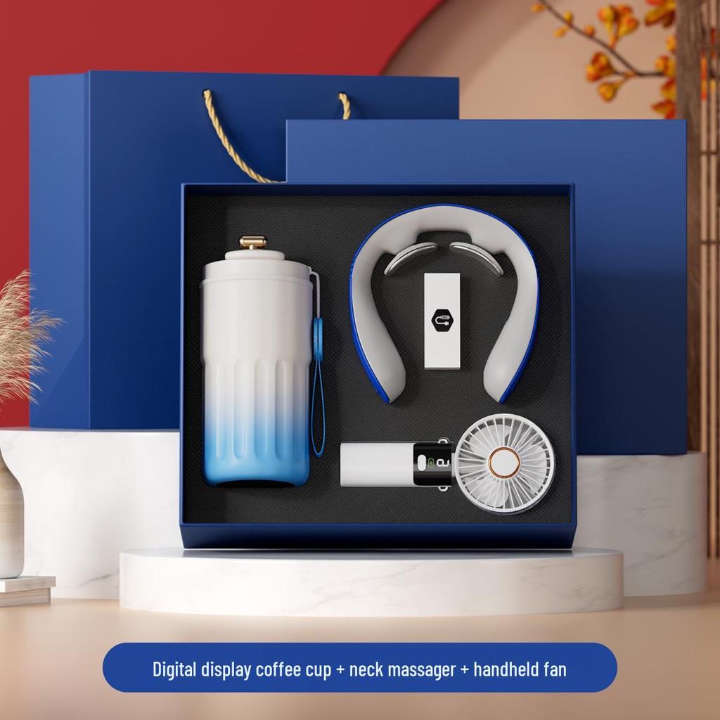 Digital Display Coffee Cup & Handheld Fan Business Gift Set for Leaders & Colleagues - Customizable with Logo