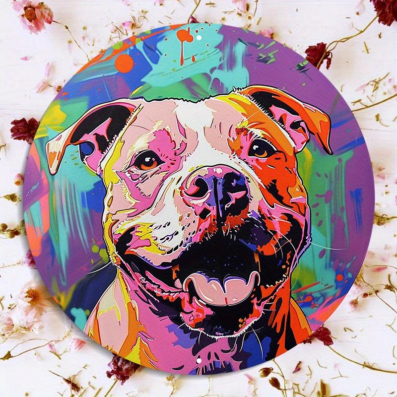 Colorful Pop Art Pit Bull Portrait Round Metal Sign D Flat Printed Vibrant Graffiti Style Dog Art Tin Plaque Bold and Bright 20x20cm(8x8inch)