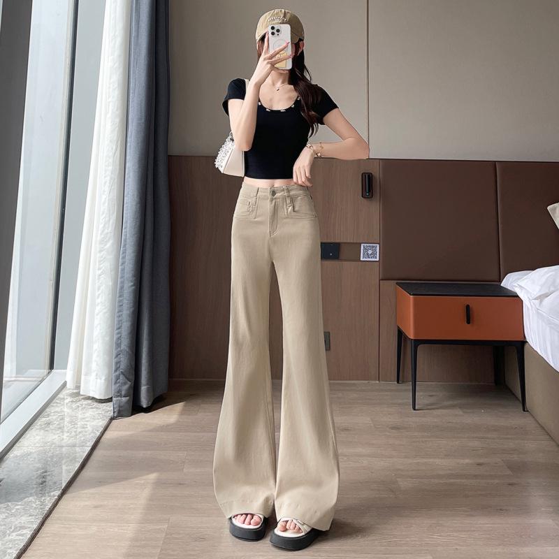 Khaki High Waist Retro Flare Jeans for Women - Slimming Fit, Wide-Leg, Perfect for Spring & Autumn L