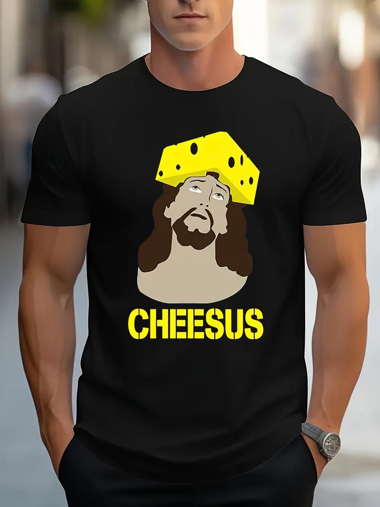 Men's Funny Jesus Cheese Graphic T-Shirt - Black Tee with CHEESUS Design - Soft Gym Casual Outf