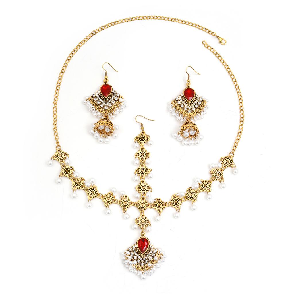 European and American bohemian luxury fringed necklace earrings set exotic style pearl rhinestone collarbone chain ear jewelry