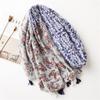Women'S Four Seasons Fresh And Elegant Blue Floral Tassel Cotton And Hemp Scarf Sunscreen Shawl Multi Functional Dual Purpose Scarf Silk Scarf