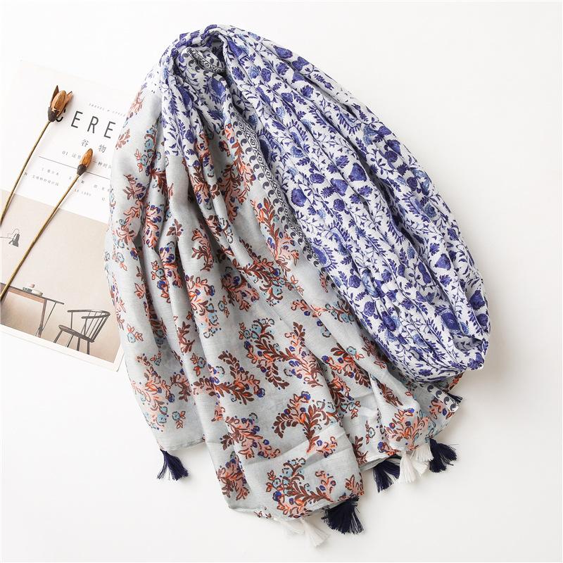 Women'S Four Seasons Fresh And Elegant Blue Floral Tassel Cotton And Hemp Scarf Sunscreen Shawl Multi Functional Dual Purpose Scarf Silk Scarf