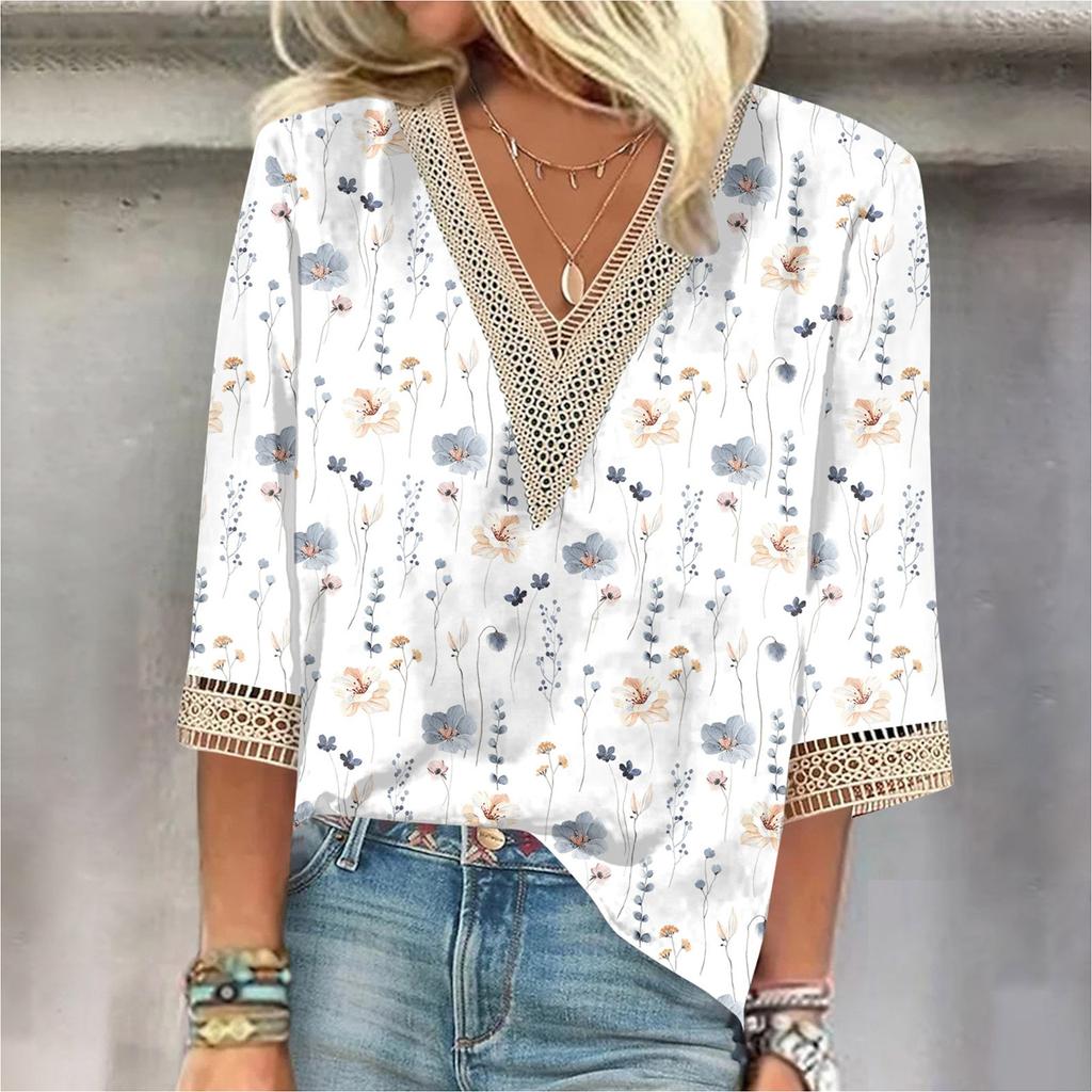 Γυναικείο Πουκάμισο Μπλούζα Καθημερινά Φαρδιά Πουκάμισα Μανίκι 3/4 Δαντελέ Λεπτομέρειες Μοτίβο Λαιμόκοψη V Τοπ Μοτίβο Τοπ Μπλουζάκια Μπλουζάκι