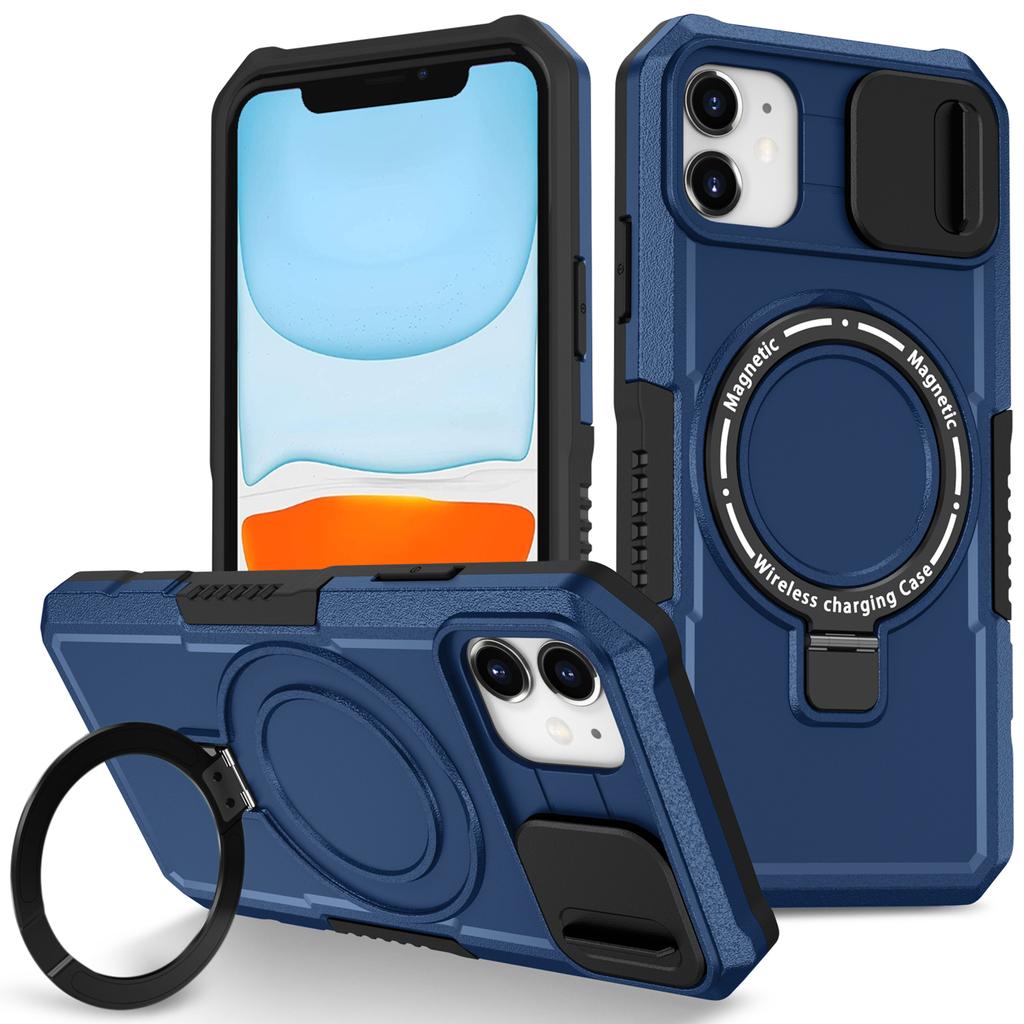 For iPhone 11 Case Invisible Magnetic Kickstand PC+TPU Phone Shell Built-in Sliding Lens Cover