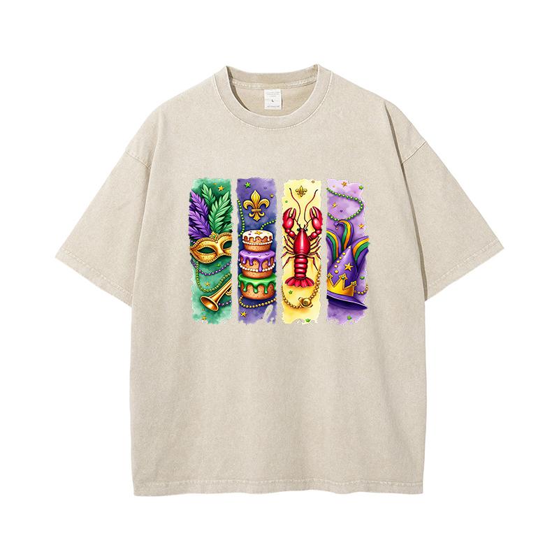 Oversized Mardi Gras Graphic Washed T-Shirt Summer Cotton Carnival Print Tees Holiday Vintage Street Party Man Clothes