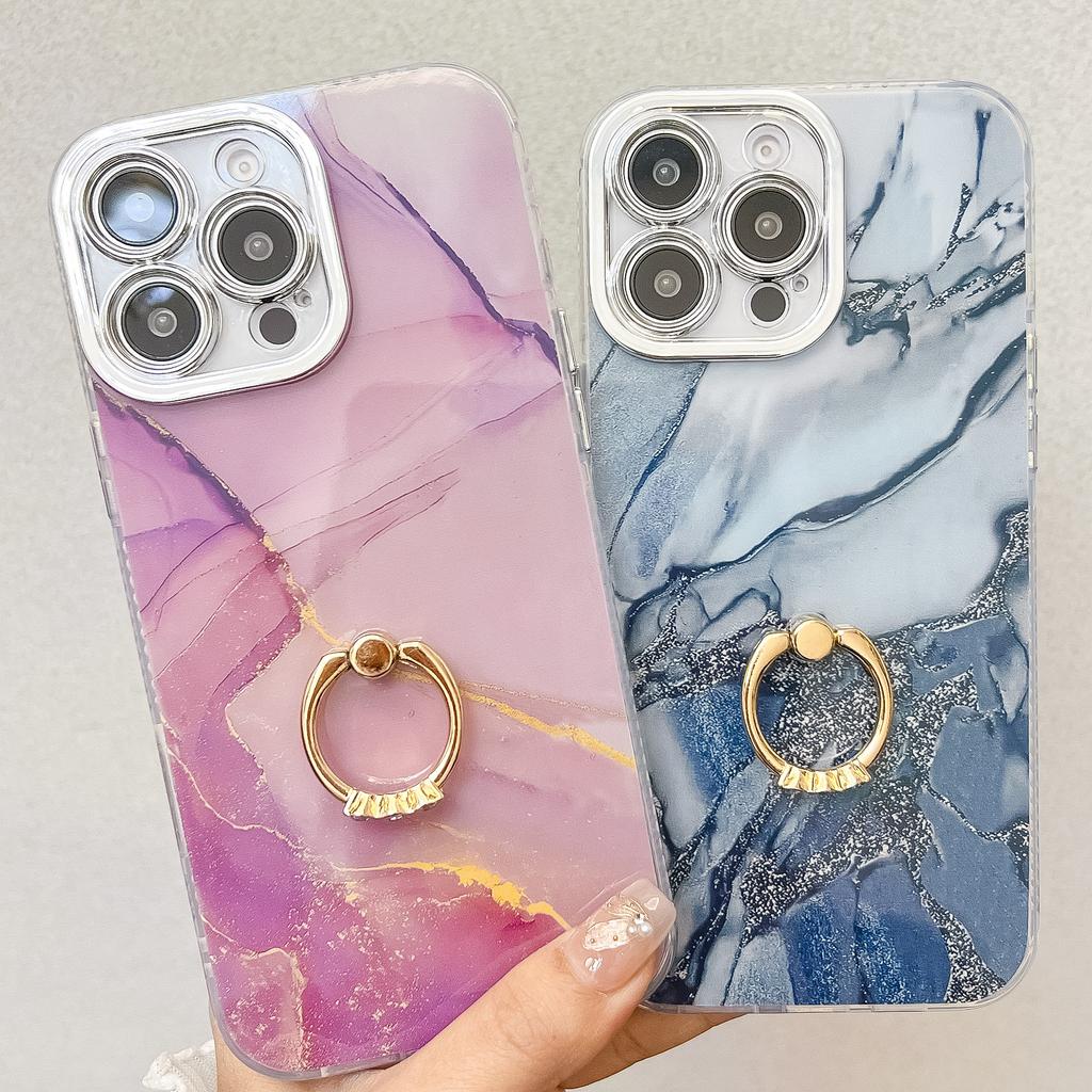 Ring Holder Case For Apple iPhone 16 15 14 Pro Max High Quality Marble IMD PC Stand Shockproof Phone Cover