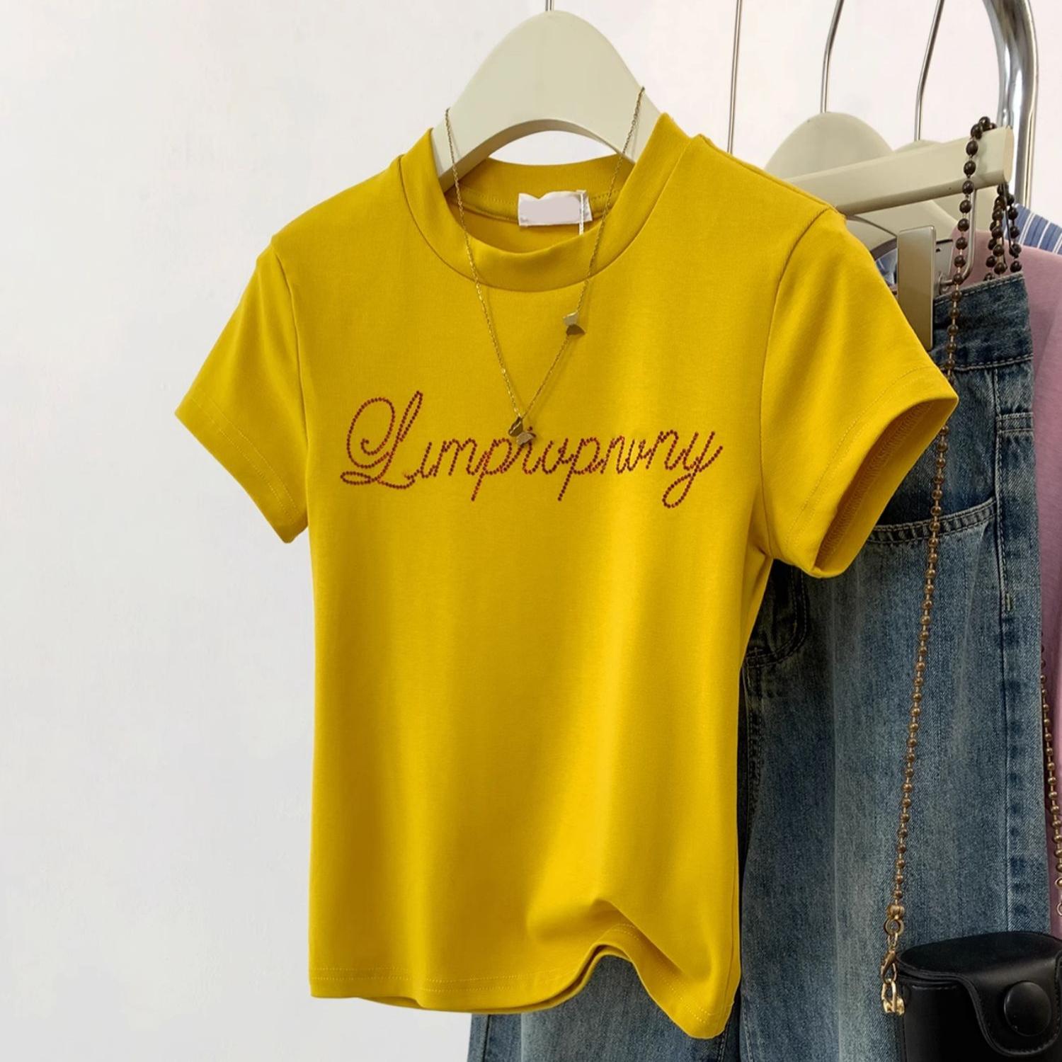 

Летняя хлопковая женская футболка винтажный принт с буквами повседневная приталенная с круглым вырезом и короткими рукавами футболки харадзюку универсальный желтый y2k топ XL жёлтый
