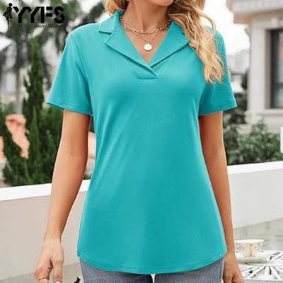 Women's Fashion Casual Summer Spring Solid Color Print Short Sleeve POLO Neck Blouses & Shirts