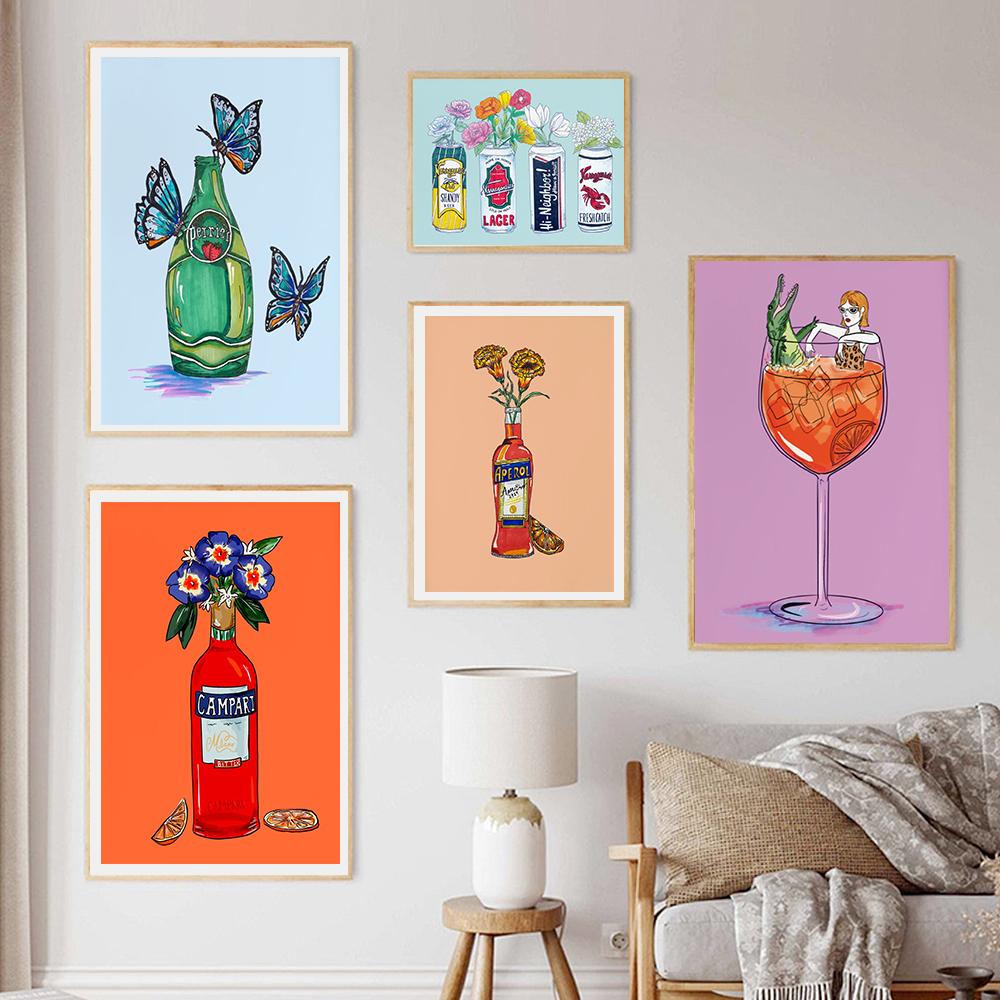 Campari Illustrated Italian Wall Art Print Gator Aperol Sprtiz Poster Sparkling Water Butterfly Wall Picture Cuadros Decorativos