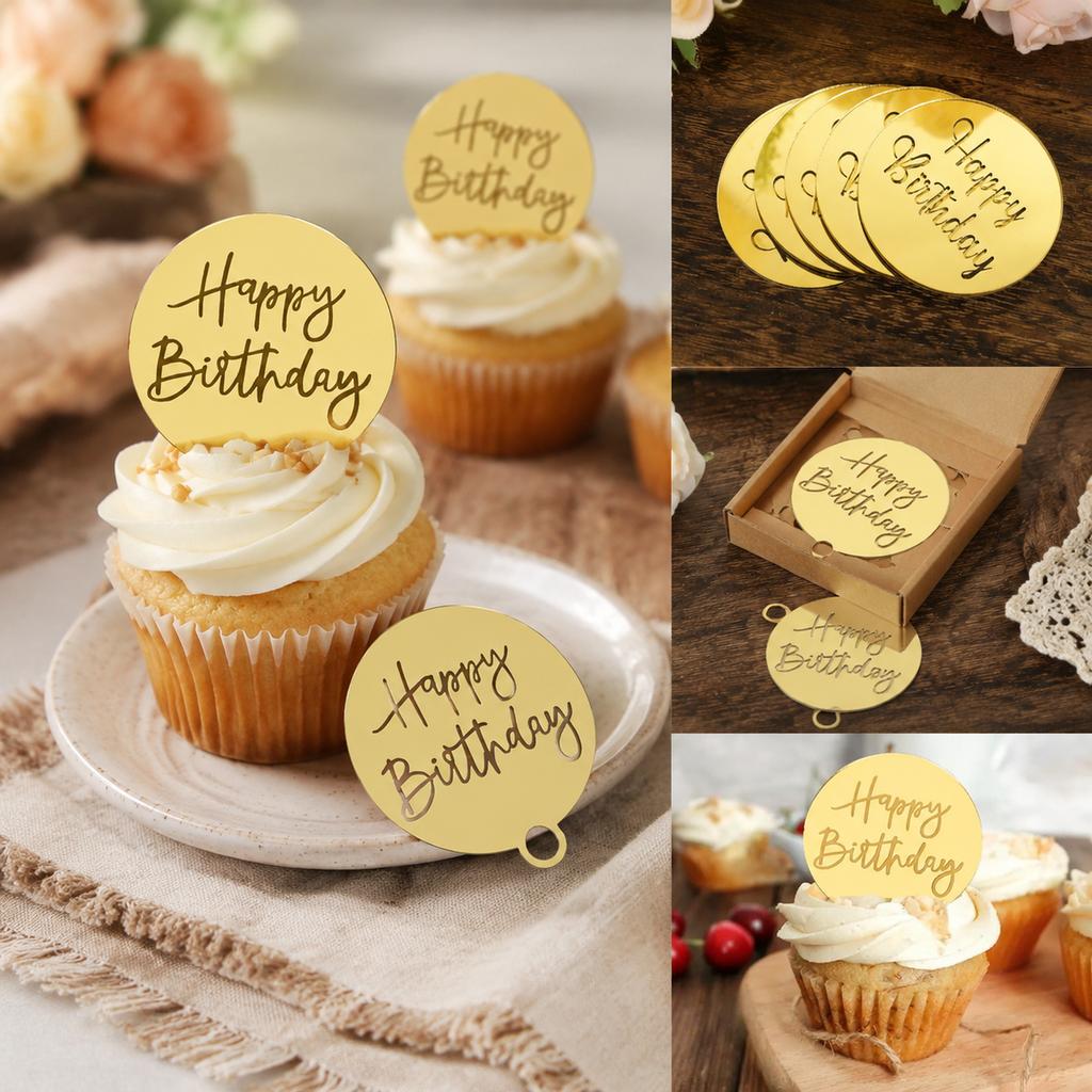 Cake Topper Cards, 10 Gold Round 5 X 5 Cm Happy Birthday Plaques for Cupcakes, Mini Cakes, Desserts and Party Decor