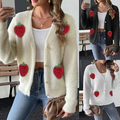 Women's Faux Mink Fur Pearl Button Four Button Three-dimensional Embroidery Strawberry Patchwork Sweater Cardigan