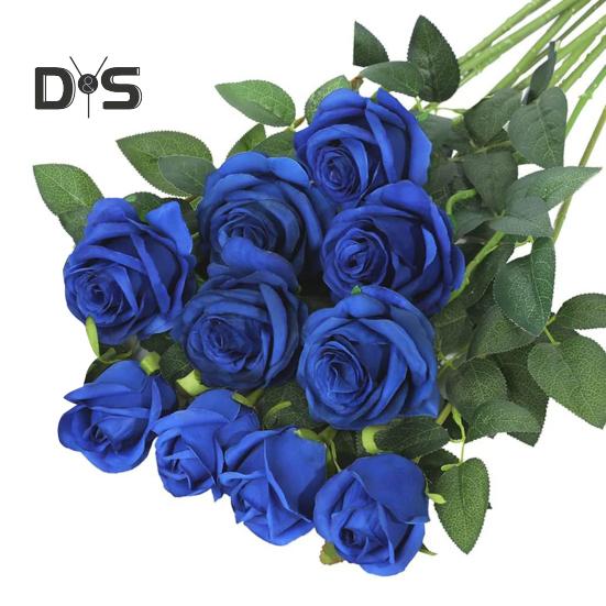 

10 шт. искусственных роз с зелеными листьями, искусственные шелковые цветы, свадебные, вечерние, праздничные, для дома, офиса, стола, центральное украшение, искусственные цветочные ветки, украшение синий