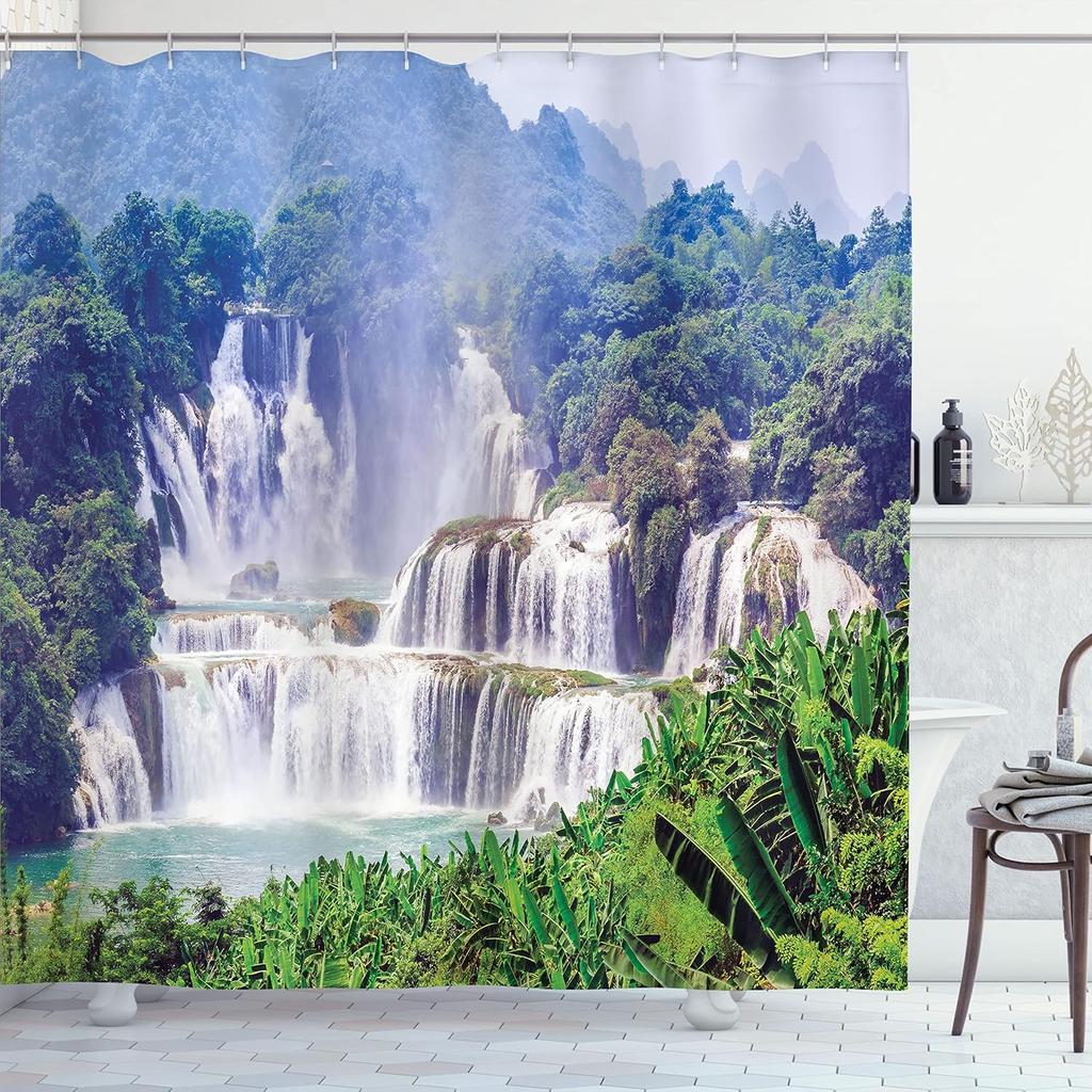 Natural Scenery Waterfall Shower Curtain Plant Lake River Landscape Bath Decor Bathroom Waterproof Polyester Cloth Curtain