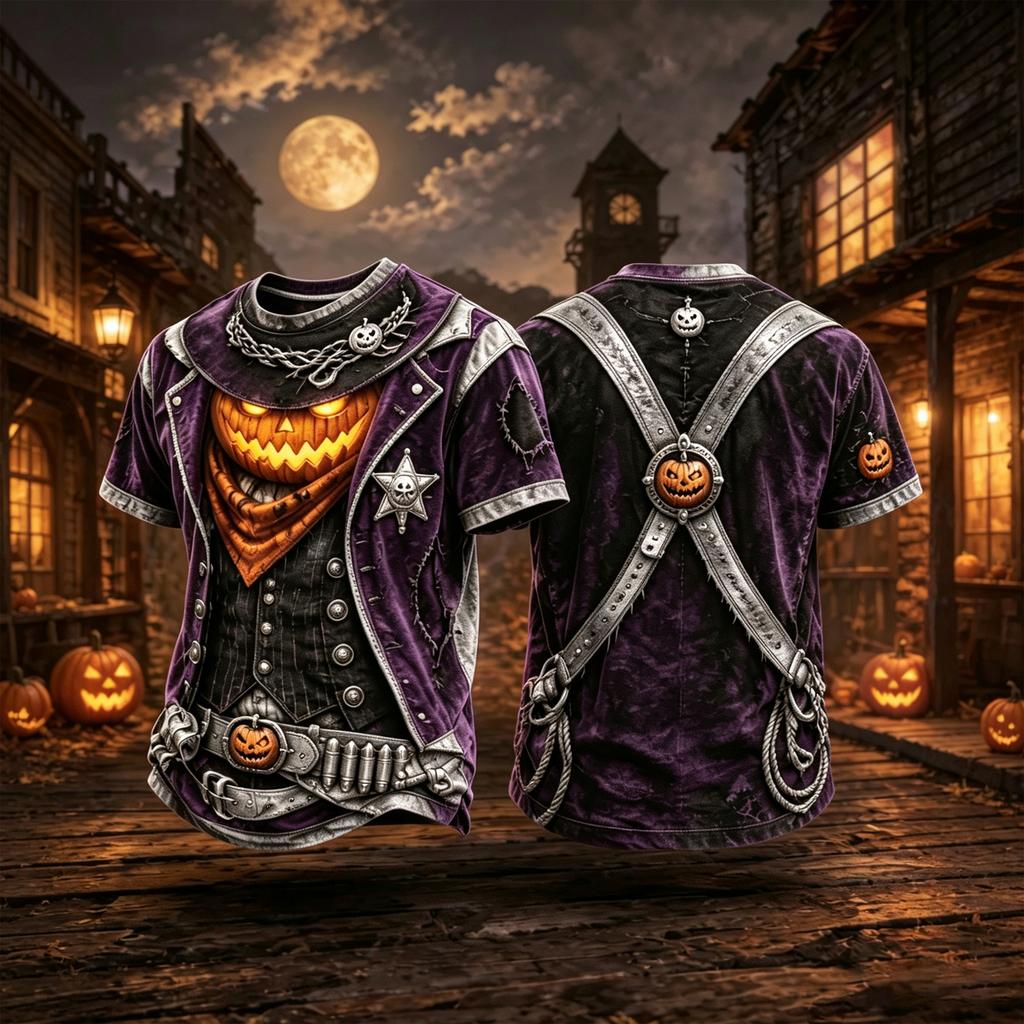 Halloween T-Shirt with Western Sheriff Pumpkin Print - Short Sleeve Casual Tee for Men and Women