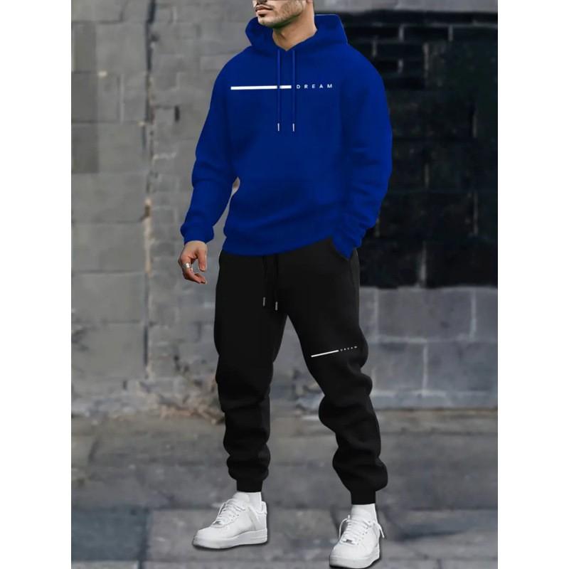 Mens Oversized Hooded Sweatshirt Set With Letter Print Fleece-Lined Warm Casual Tracksuit Winter