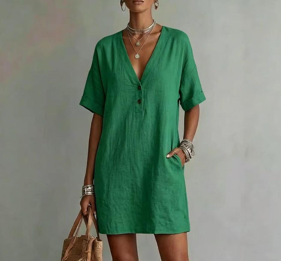 Casual Solid Color Loose V Neck Short Sleeve Button Pocket Midi Dress For Women