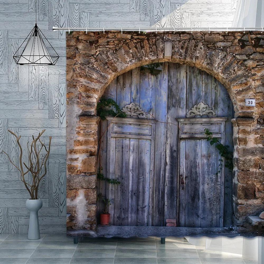 Old Wooden Door Shower Curtain Farm Barn Door Rural FarmHouse Decoration Polyester Fabric Bath Curtain Bathroom Accessories Set