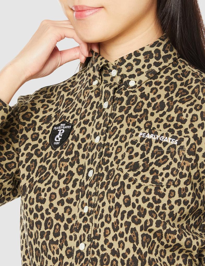PEARLY GATES Women's Long Sleeve Polo Shirt with Thermolite Pique and Leopard Print, Lightweight and Warm, Size 055-2261004, Leopard Print, Size 0 [S]