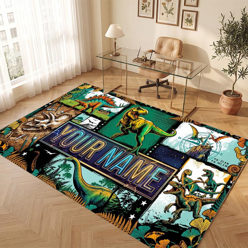Dinosaur Theme Soft Crystal Velvet Rug Custom Name & Text Print Non Slip Floor Rug for Bedroom Living Room