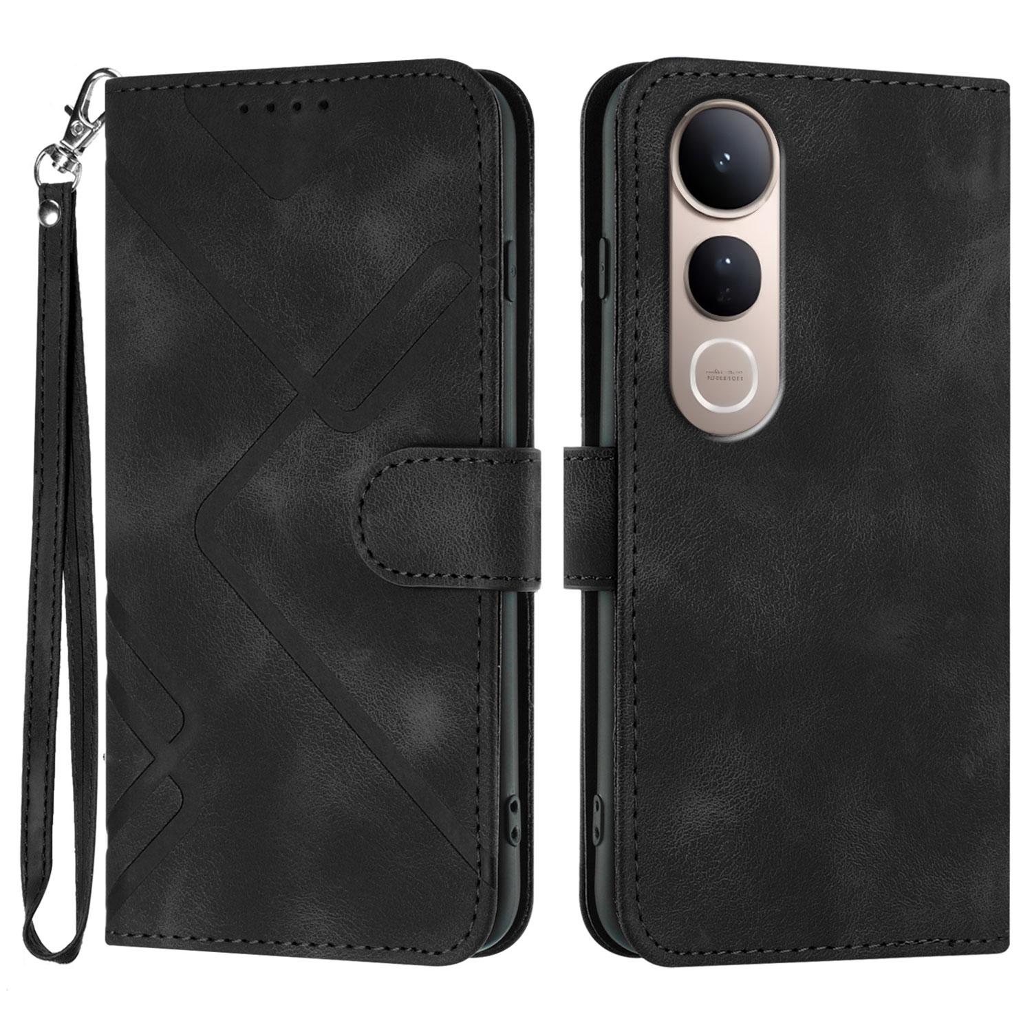 

For vivo V50 Lite 5G Wallet Case Line Imprinted PU Leather Phone Cover with Strap A
