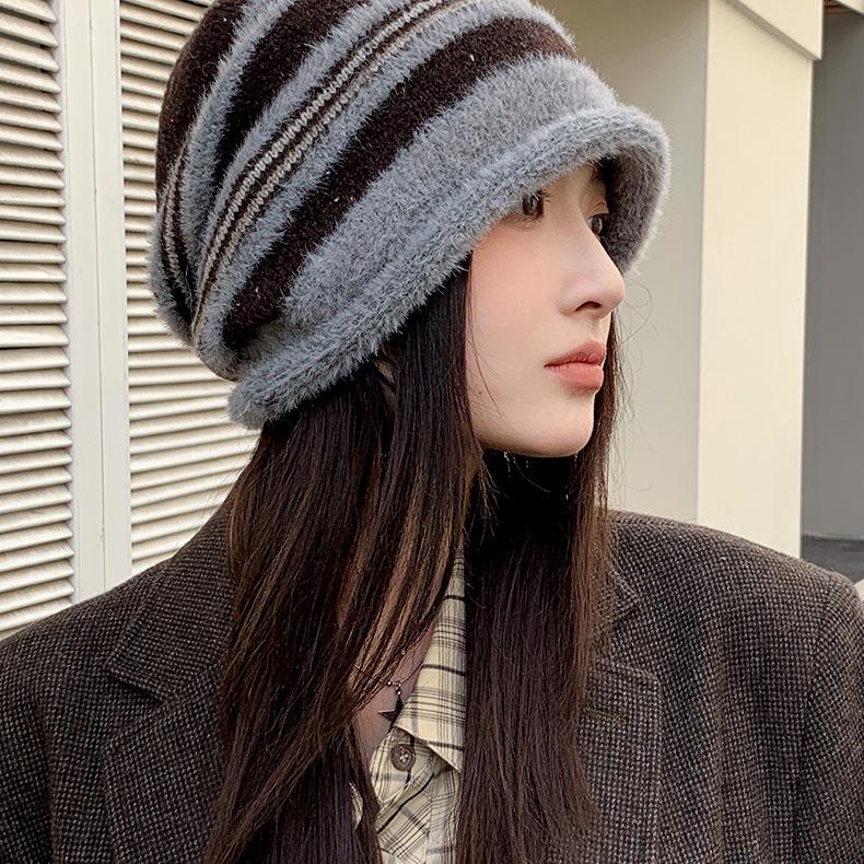 Autumn and Winter Hat Women's Striped Knitted Hat Warm Windproof Cold Hat