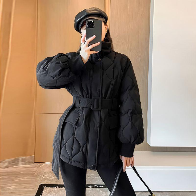 Winter Warm Quilted Down Cotton Coat Women Thickened Slim Fit Waist Belted Fashion Jacket