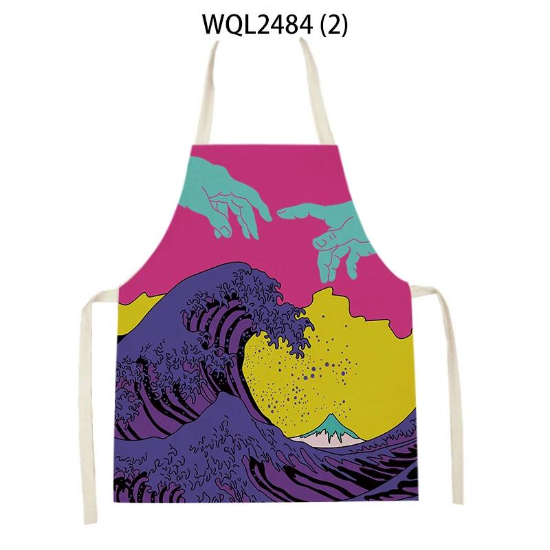 Japanese Style Kitchen Waves Sunrise Print Aprons for Women Linen Pinafore Bibs Household Cleaning Home Cooking Apron
