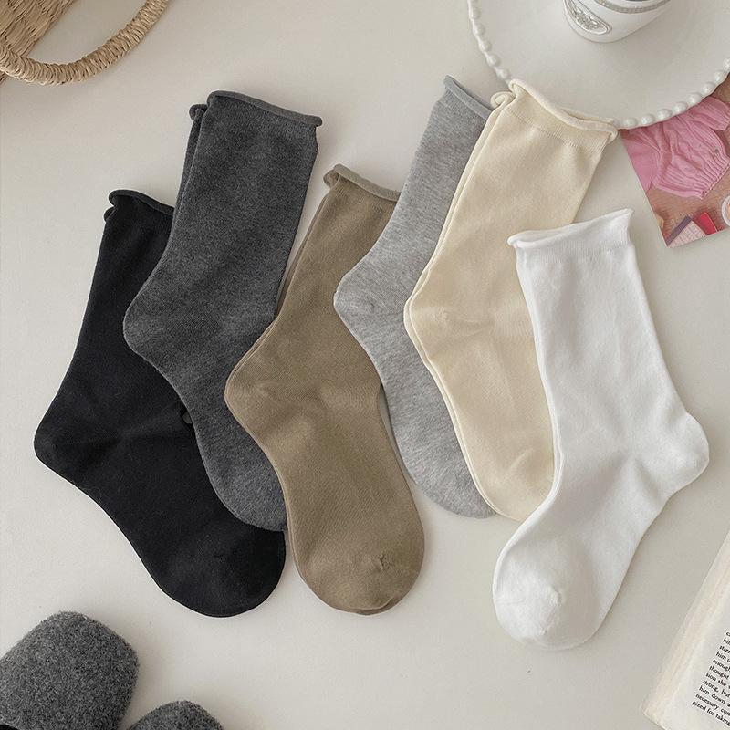 Women's Rolled Edge Mid-Calf Cotton Socks - Boneless, Elastic, Sweat-Absorbent, Breathable, Solid White, Versatile Slouch Design