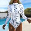 Women Long Sleeve One Piece Swimsuit Zip Front Flower Print Rash Guard Surfing Bathing Suit