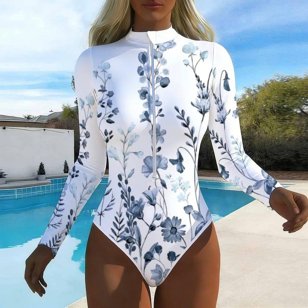 Women Long Sleeve One Piece Swimsuit Zip Front Flower Print Rash Guard Surfing Bathing Suit