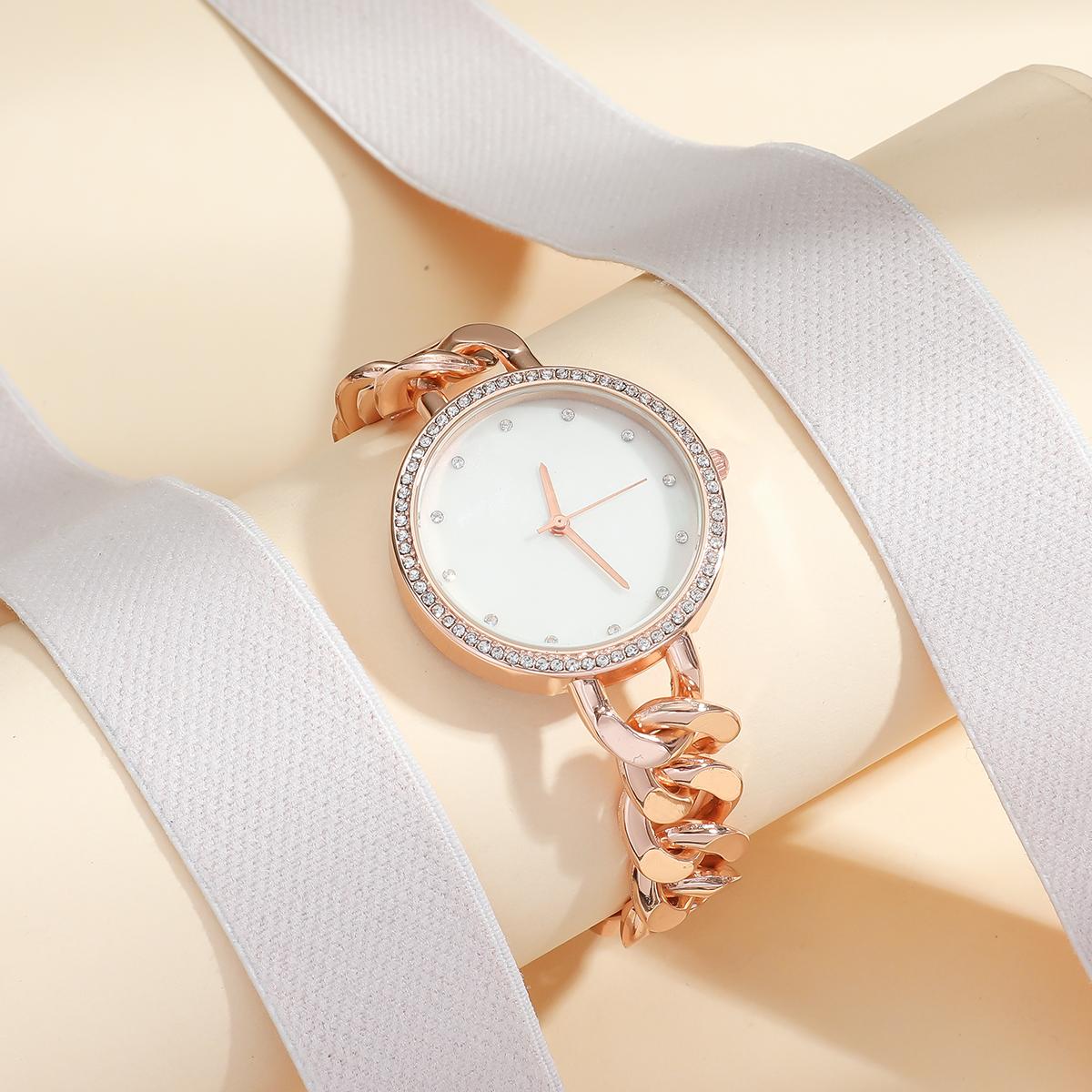 

Модные простые часы-браслет с бриллиантовым циферблатом, цепочкой и стальным ремешком, кварцевые ярко-розовый