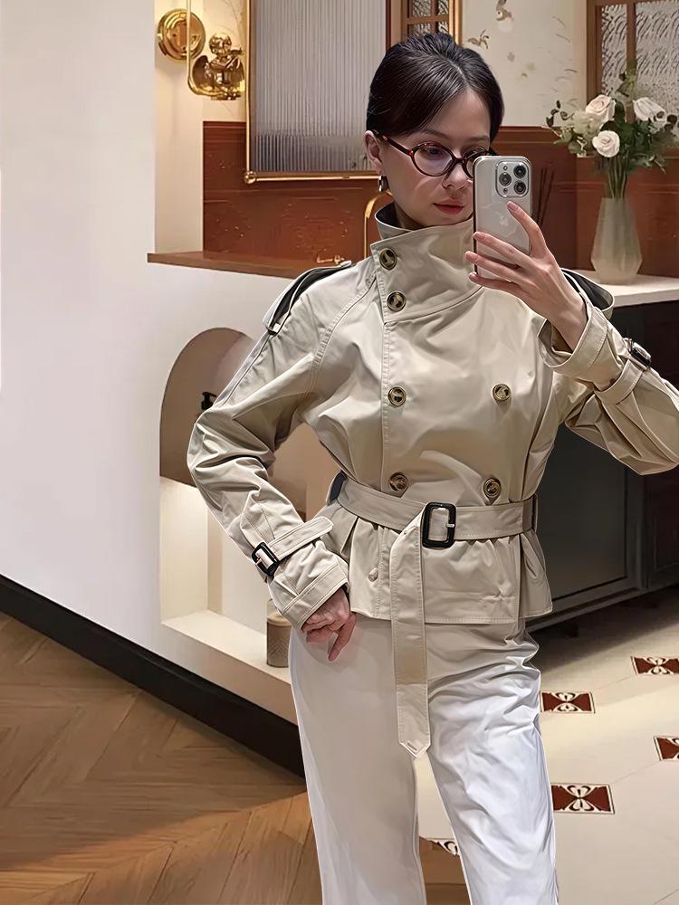 2025 Autumn Stand-Up Collar Tie-Waist Apricot Short Trench Coat: Elegant & Loose Fit