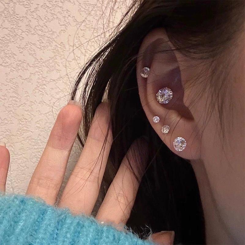 Silver Allergy Prevention Ear Hole Care Piercing Bone Stud Earrings 3/4/5/6/7MM Round Zircon Jewelry Accessories