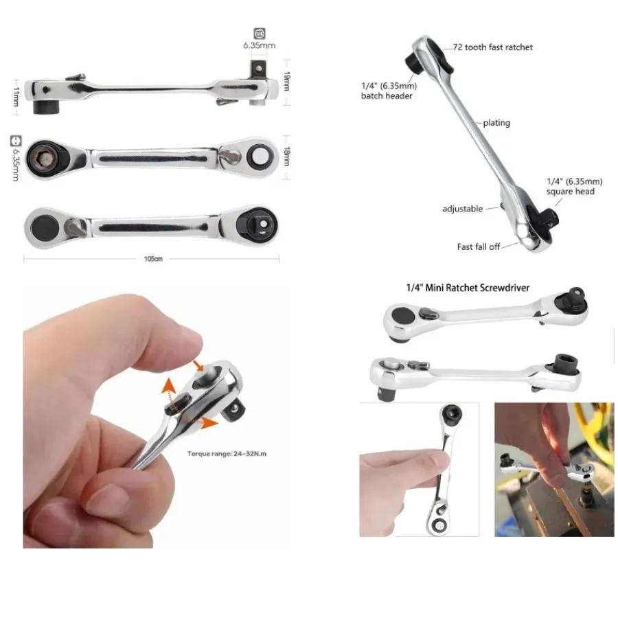 1/4 Inch Drive Tool, 72 Tooth Ratchet, Mini Double Ended Ratchet Wrench Quick Release Socket Set Hex Torque Tool for Automotive
