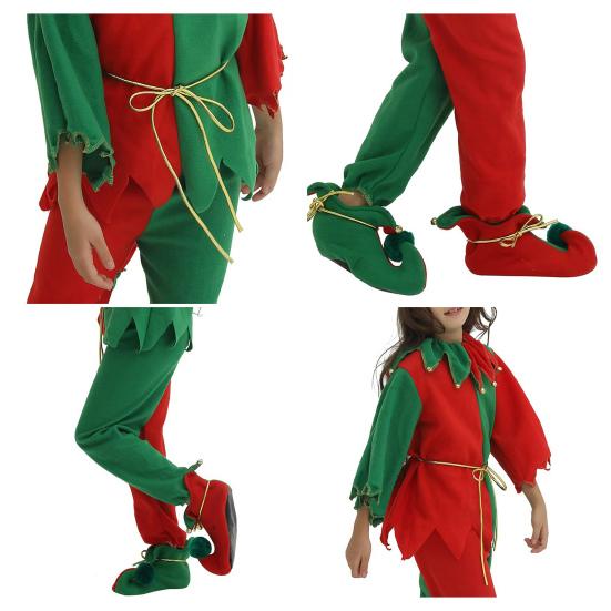 Різдвяний костюм ельфа для сім'ї, дорослих, дітей, наряд ельфа, червоно-зелений колор-блок, шапка ельфа, топ, штани та пояс, святкове вбрання для святкової вечірки для тата, мами, дітей