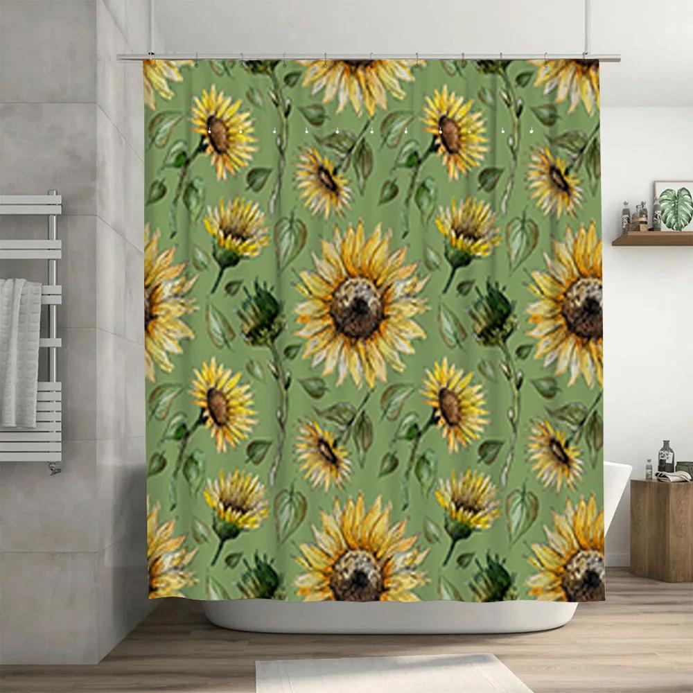 Sunflower Printed Shower Curtain Green Background with Yellow Flowers for Bathroom Decor Customizable
