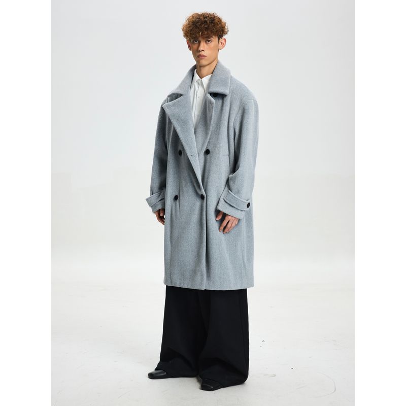 Cabbage Coke American Retro Heavy-Duty Silhouette Double-Breasted Adjustable Strap Thick Twill High-End Woolen Coat for Men