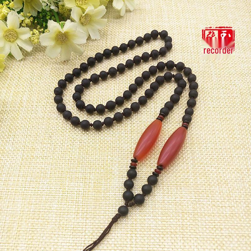 Handwoven Black Bianstone Beaded Lanyard with Silk-wrapped and Frosted Red Agate Accents Beaded Lanyard Length: 68cm