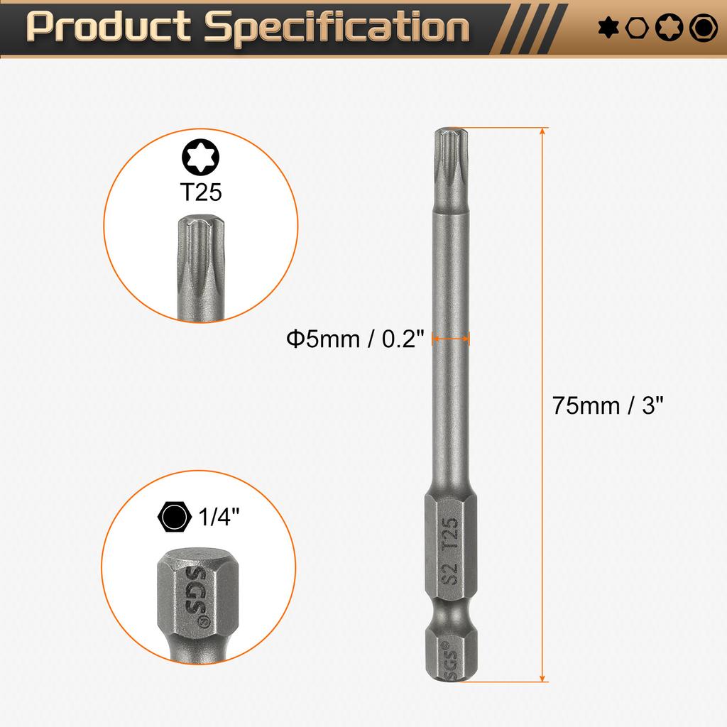 1/3/5pcs Torx Head Screwdriver Bit 1/4" Hex Shank Magnetic No Hole Tip Tamper Proof 6 Point Star S2 Steel Screw Driver Drill Bit