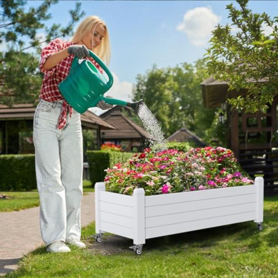 Horticulture Garden Planter Box Divisible Resin Planter Box for Backyard Patio Balcony with 4 Legs and 4 Swivel Lockable Wheels