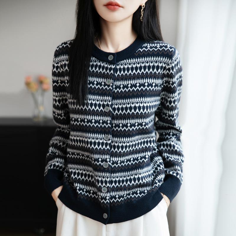 New Autumn and Winter Casual Loose Coat Sweater Knitted Top Round-neck Color-blocking Striped Knitted Cardigan for Women