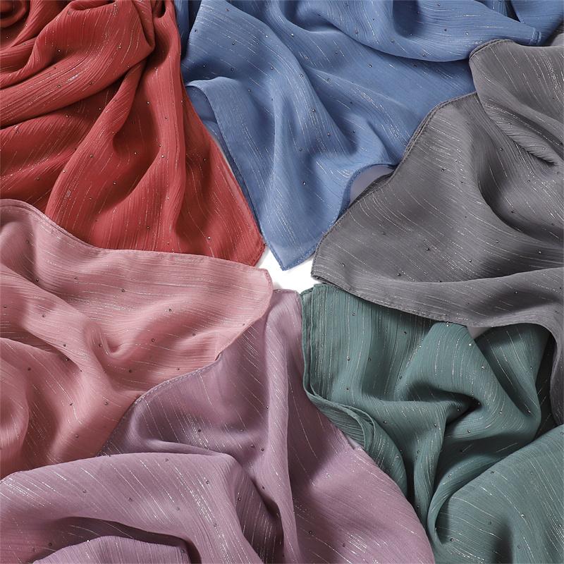 175*70cm Islamism Solid Color Silver Wire Diamond Chiffon Scarf Muslim HIjab Wrinkles Women's Headscarf Shawl Ramadan