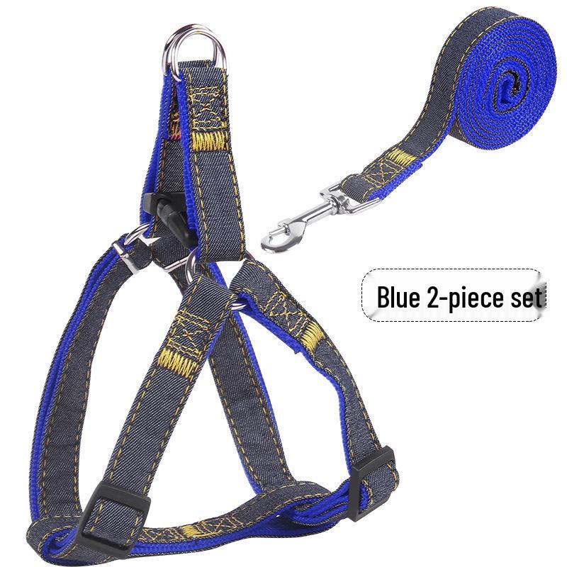 Denim-Stitched Dog Harness and Leash Set with Collar