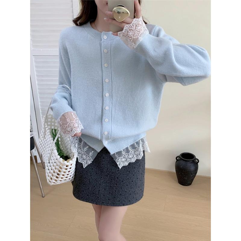 Sweater jacket women's autumn and winter new season fashion versatile design sense lace splicing knitted cardigan top women