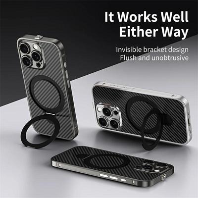 Luxury Aluminum Metal Magsafe Magnetic Stand Phone Case For iPhone 16 15 Pro Max Wireless Charge Full Lens Protection Leather Cover