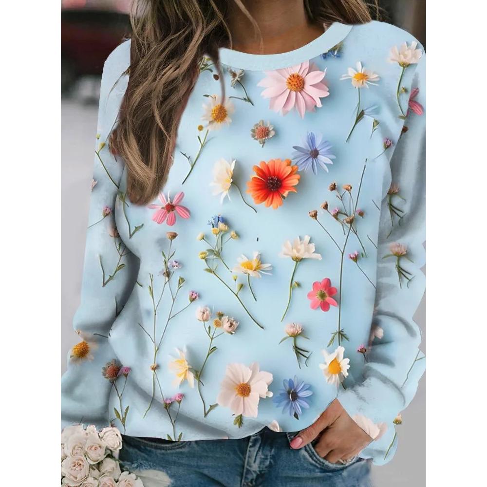 Fashion Versatile Flower Print Women's Top Long Sleeve Casual Loose T-Shirts Women’s Pullovers Long Sleeves Women’s