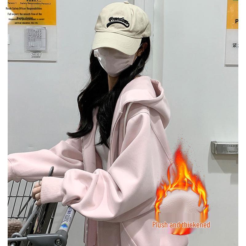 2025 Nová růžová mikina s kapucí a kardigan v korejském stylu pro ženy - Lehká, volný střih pro raný podzim/jaro
